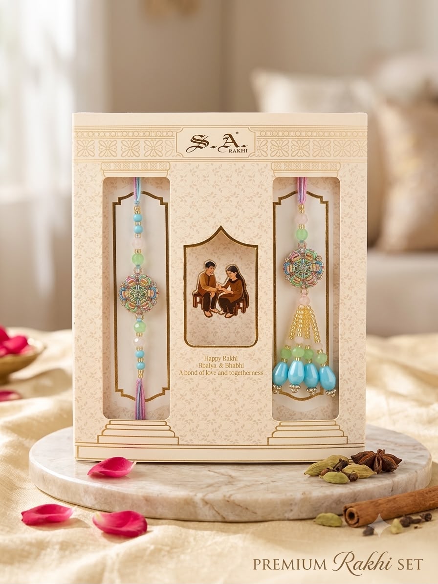 SA Rakhi Luxury Suhana Couple Collection – Premium Handcrafted Bhaiya Bhabhi Rakhi Set