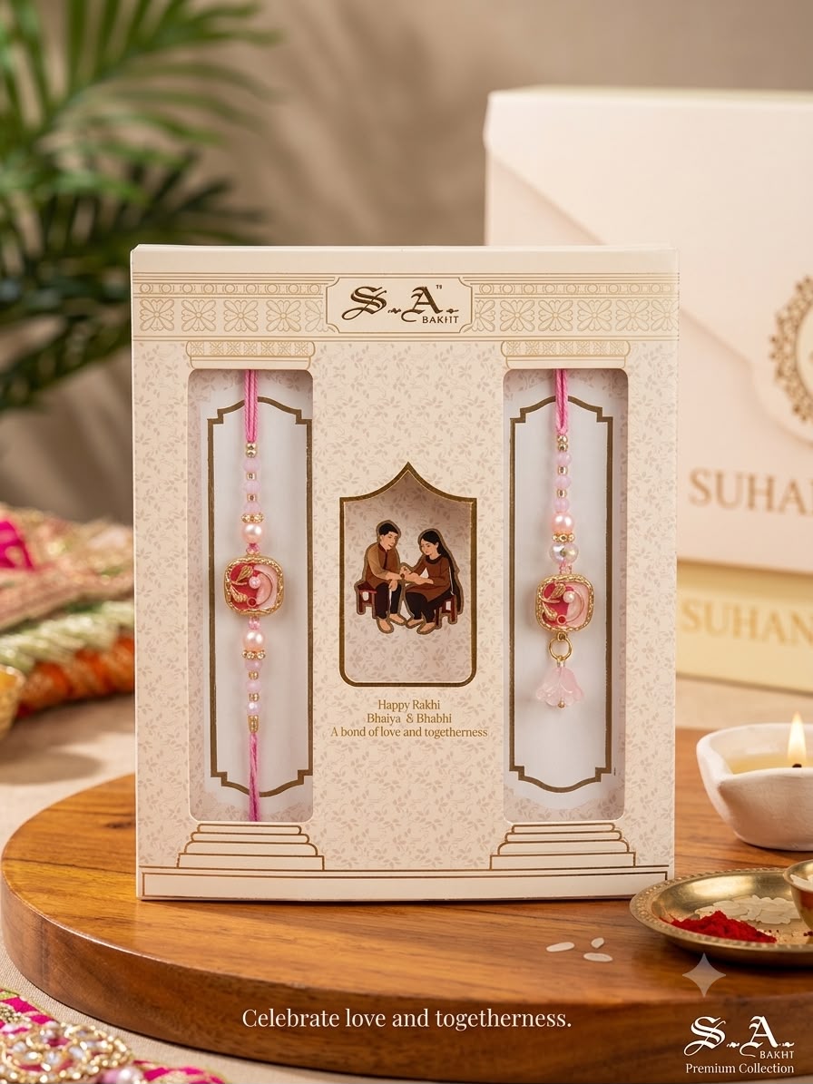 SA Rakhi Luxury Suhana Couple Combo – Traditional Bhaiya Bhabhi Rakhi Set for Rakshabandhan