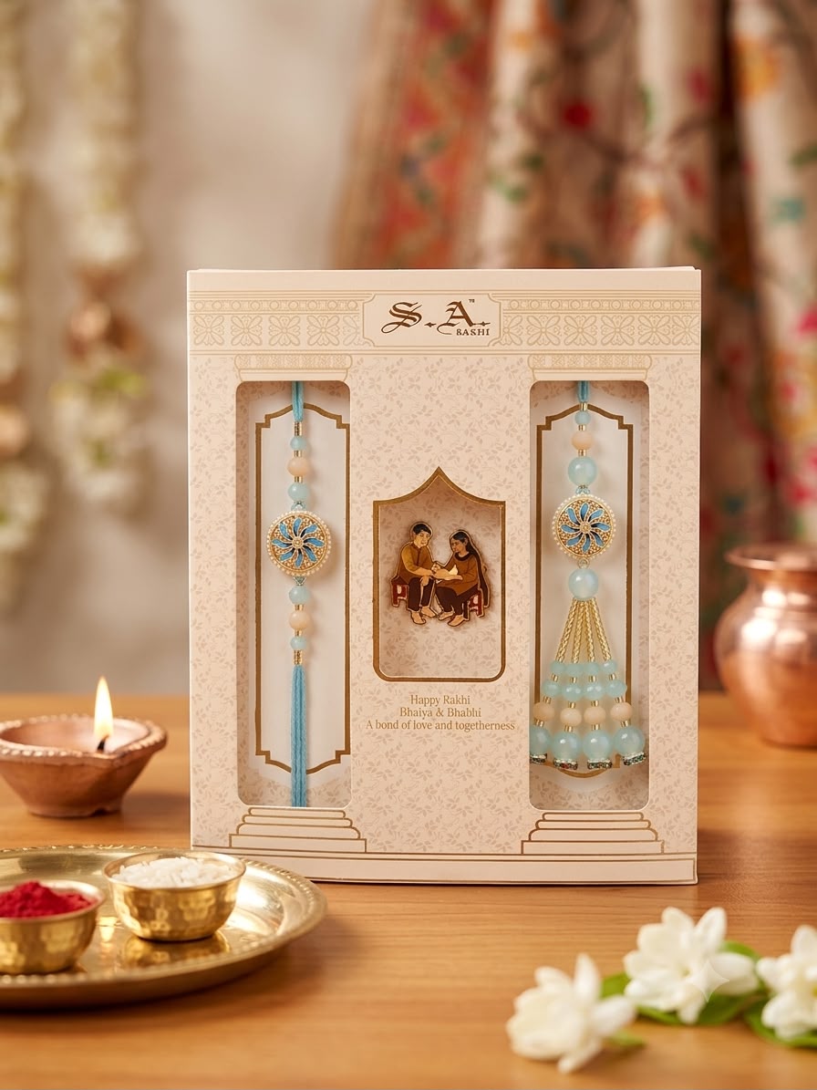 SA Rakhi Luxury Suhana Couple Combo – Traditional Bhaiya Bhabhi Rakhi Set for Rakshabandhan