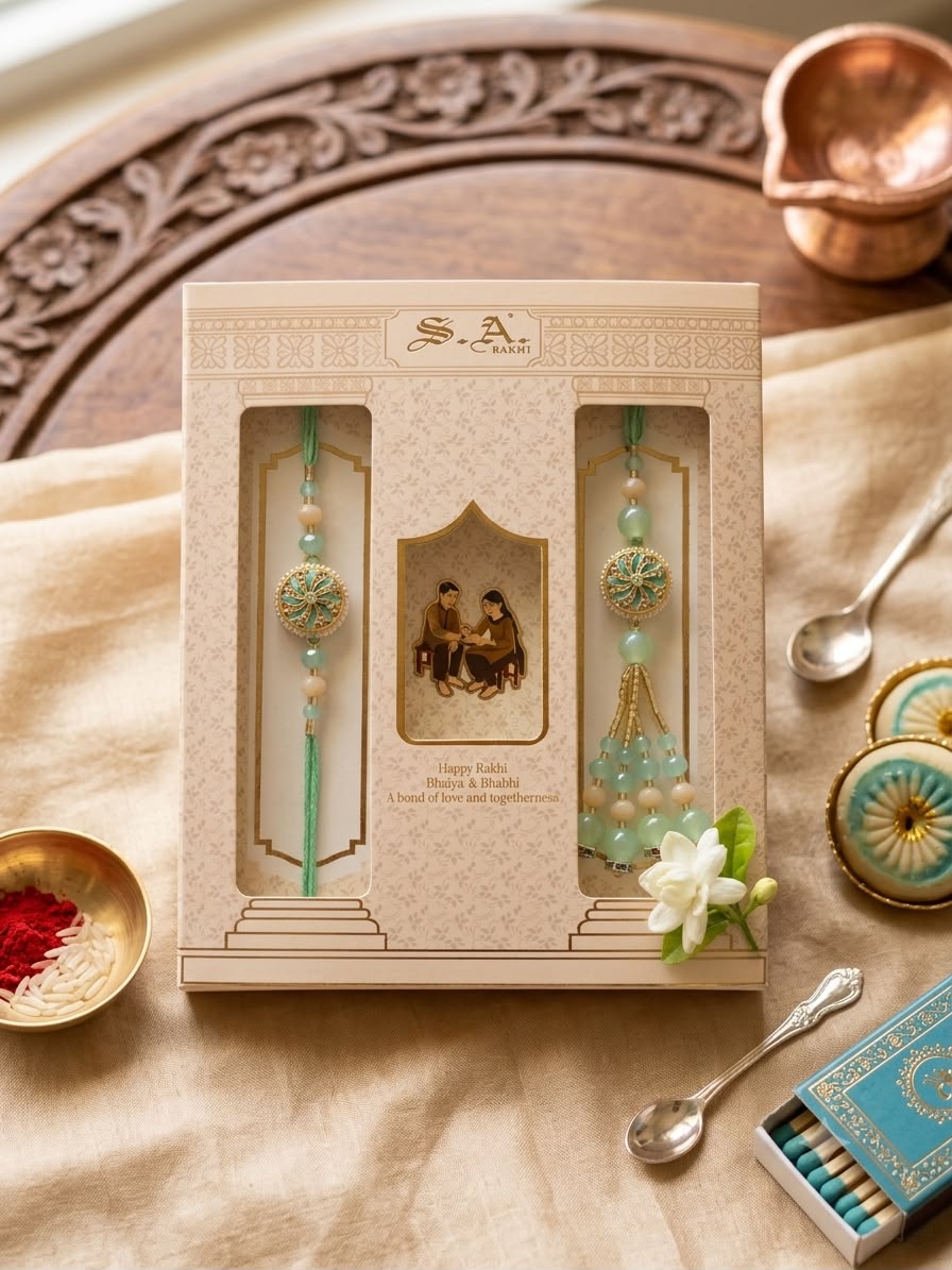 SA Rakhi Luxury Suhana Couple Combo – Traditional Bhaiya Bhabhi Rakhi Set for Rakshabandhan