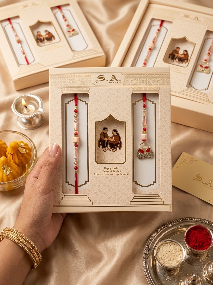 SA Rakhi Luxury Suhana Couple Combo – Traditional Bhaiya Bhabhi Rakhi Set for Rakshabandhan
