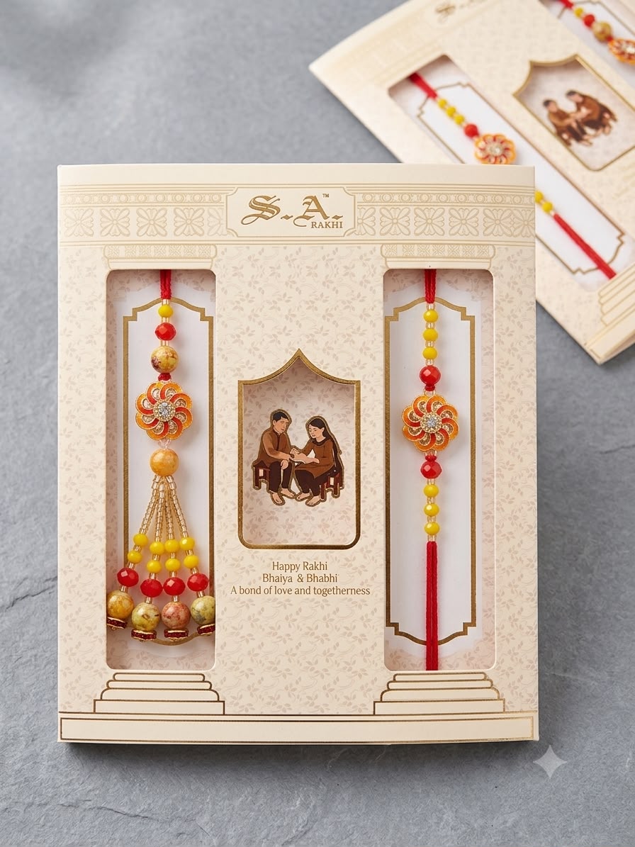 SA Rakhi Luxury Suhana Couple Combo – Traditional Bhaiya Bhabhi Rakhi Set for Rakshabandhan