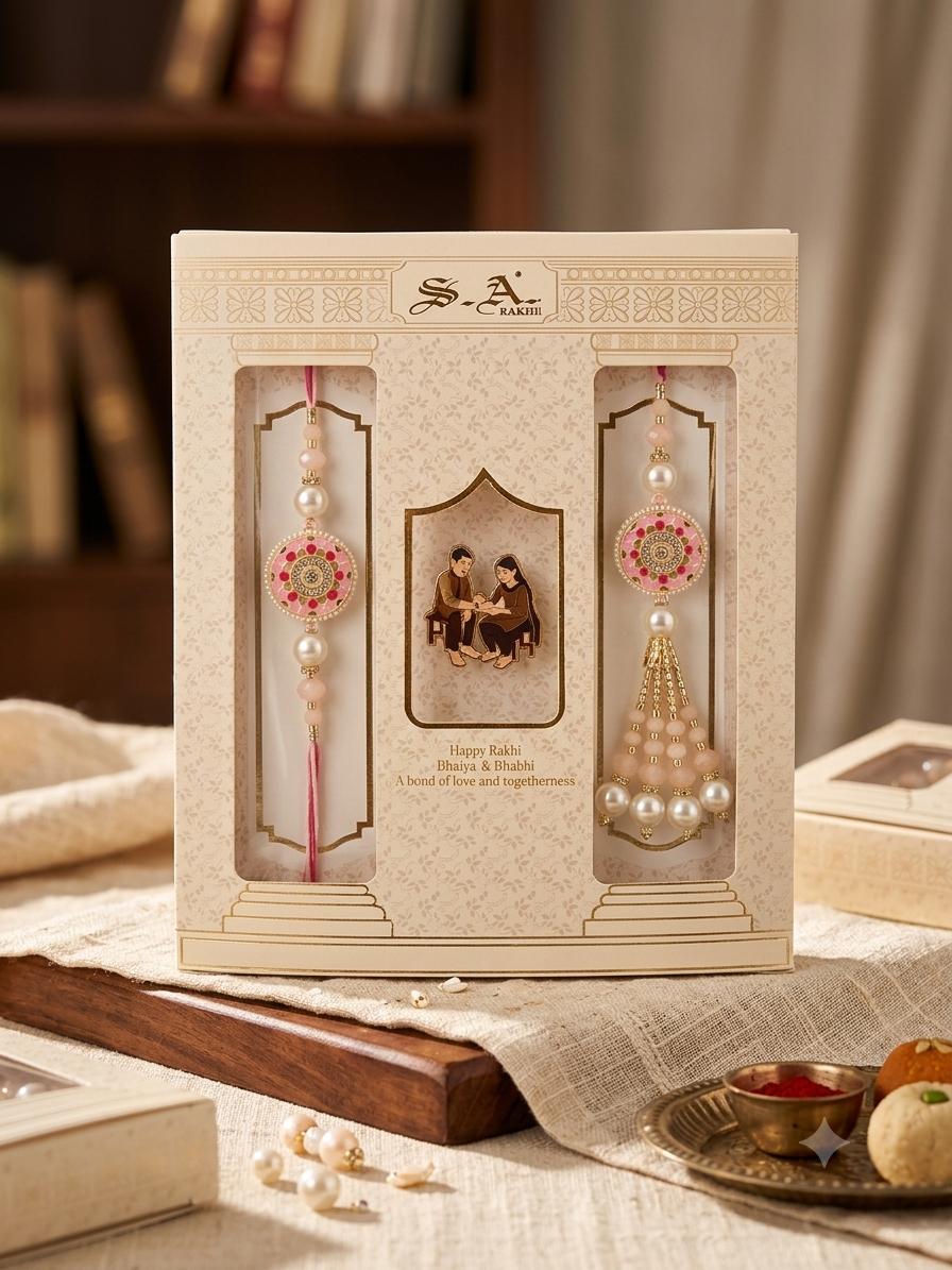 SA Rakhi Luxury Suhana Couple Combo – Traditional Bhaiya Bhabhi Rakhi Set for Rakshabandhan