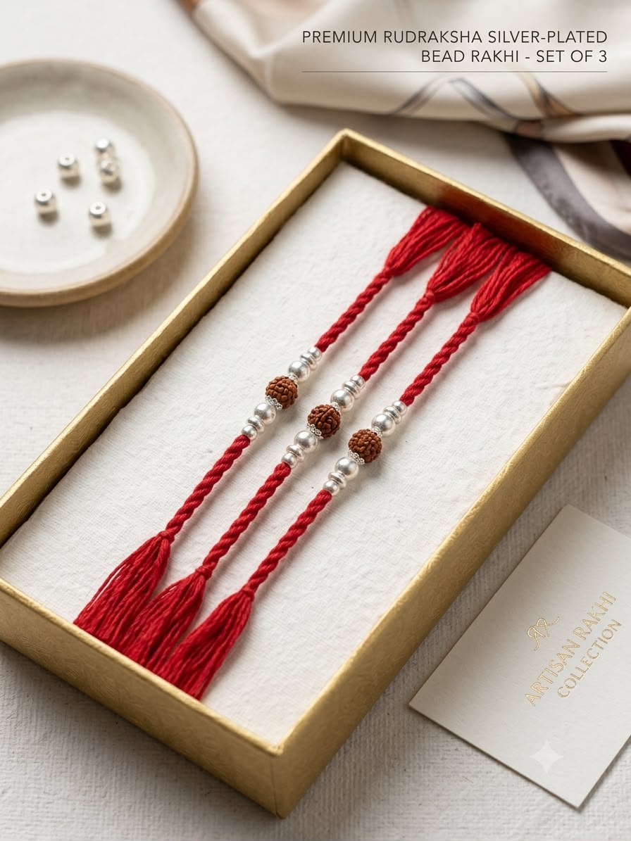 Set of 3 Silver-Plated Rudraksha Rakhi with Royal Red Thread for Brother