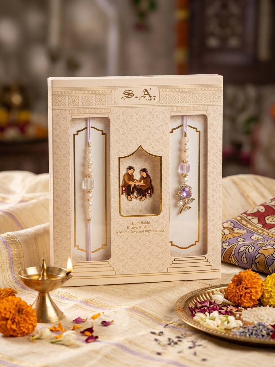 SA Rakhi Luxury Suhana Couple Combo – Traditional Bhaiya Bhabhi Rakhi Set for Rakshabandhan