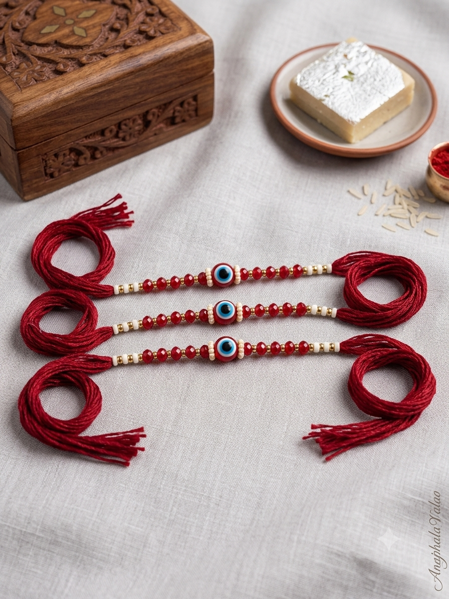 Set of 3 Evil- Eye Rakhi with Royal Red Thread for Brother
