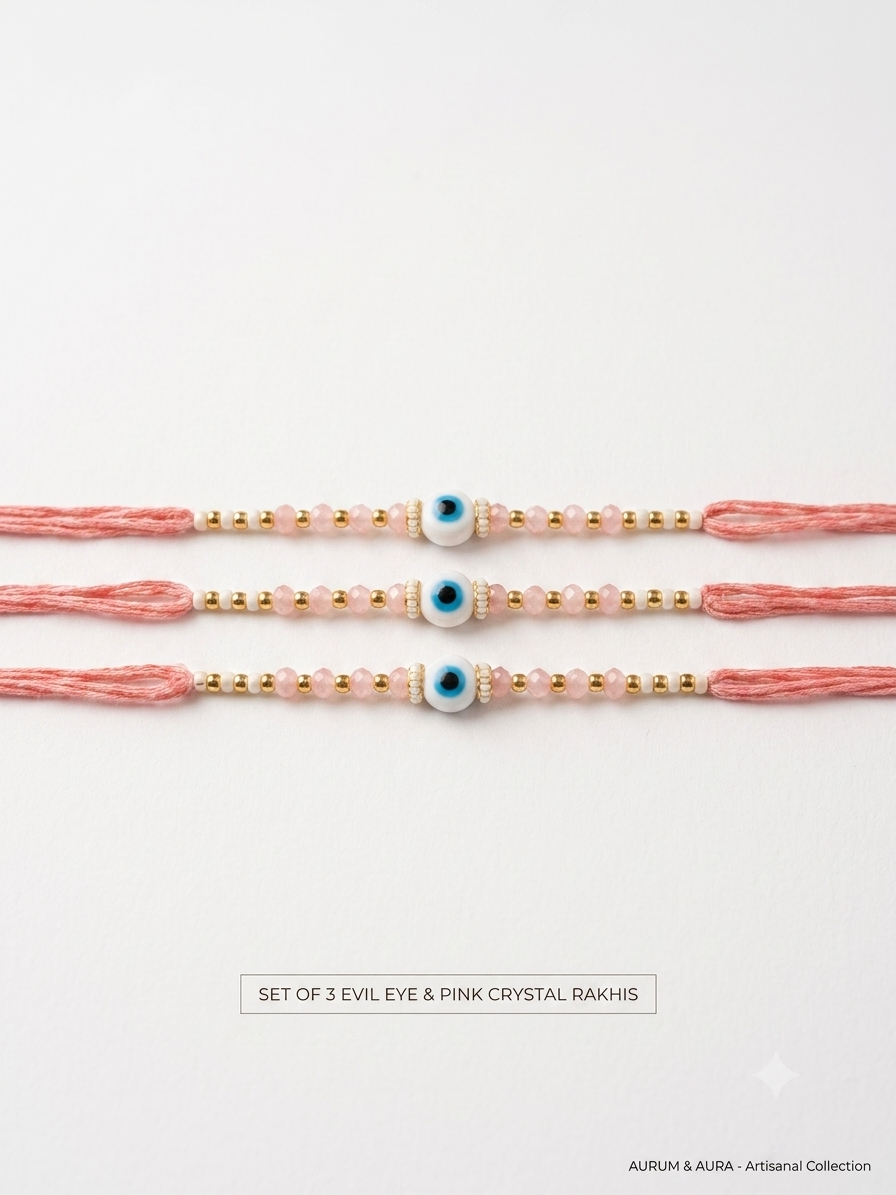Set of 3 Evil- Eye Rakhi with Royal Pink Thread for Brother