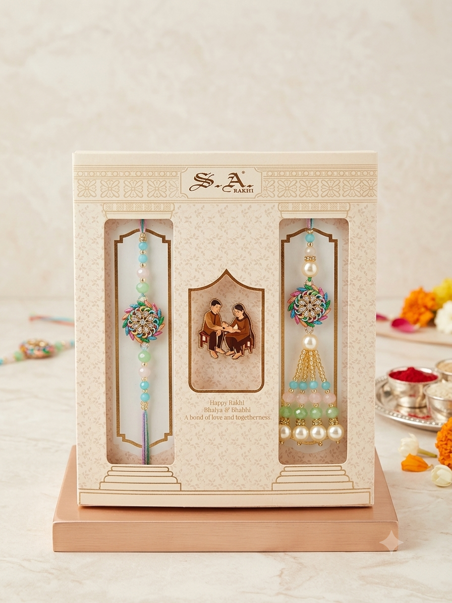SA Rakhi Luxury Suhana Couple Combo – Traditional Bhaiya Bhabhi Rakhi Set for Rakshabandhan