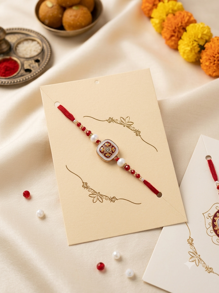 SA Rakhi Luxury Handcrafted Square Meenakari Designer Rakhi on Festive Gift Card Greeting Pack for Brother