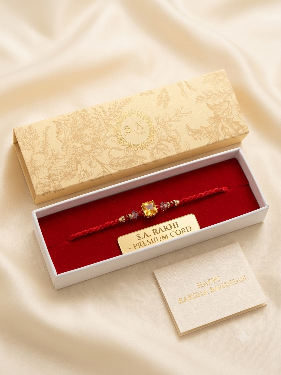 S.A. RAKHI Imperial Yellow Topaz Gemstone Rakhi | Premium American Diamond Thread Rakhi with Elegant Presentation Box