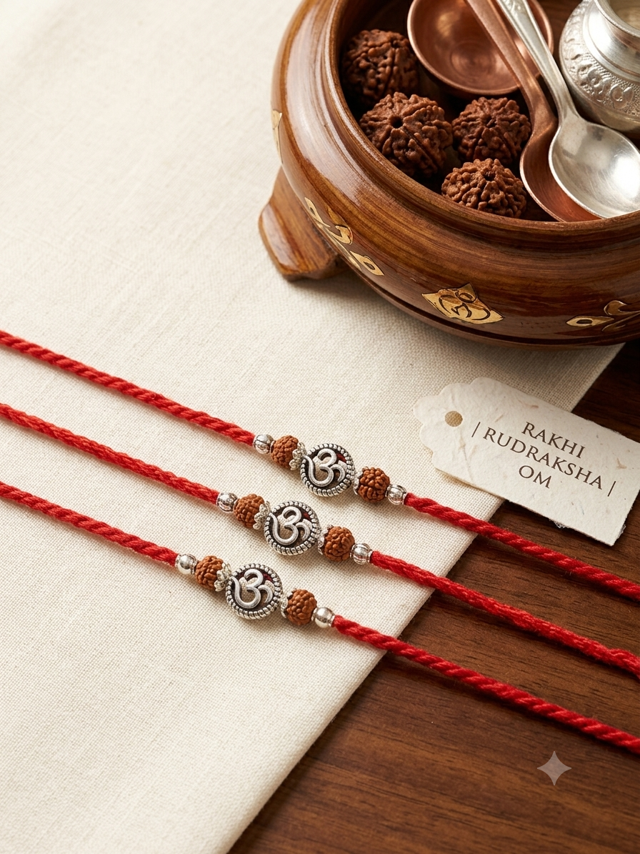 Set of 3 Traditional Om Rudraksha Rakhi for Brother | Auspicious Red Thread Rakhi