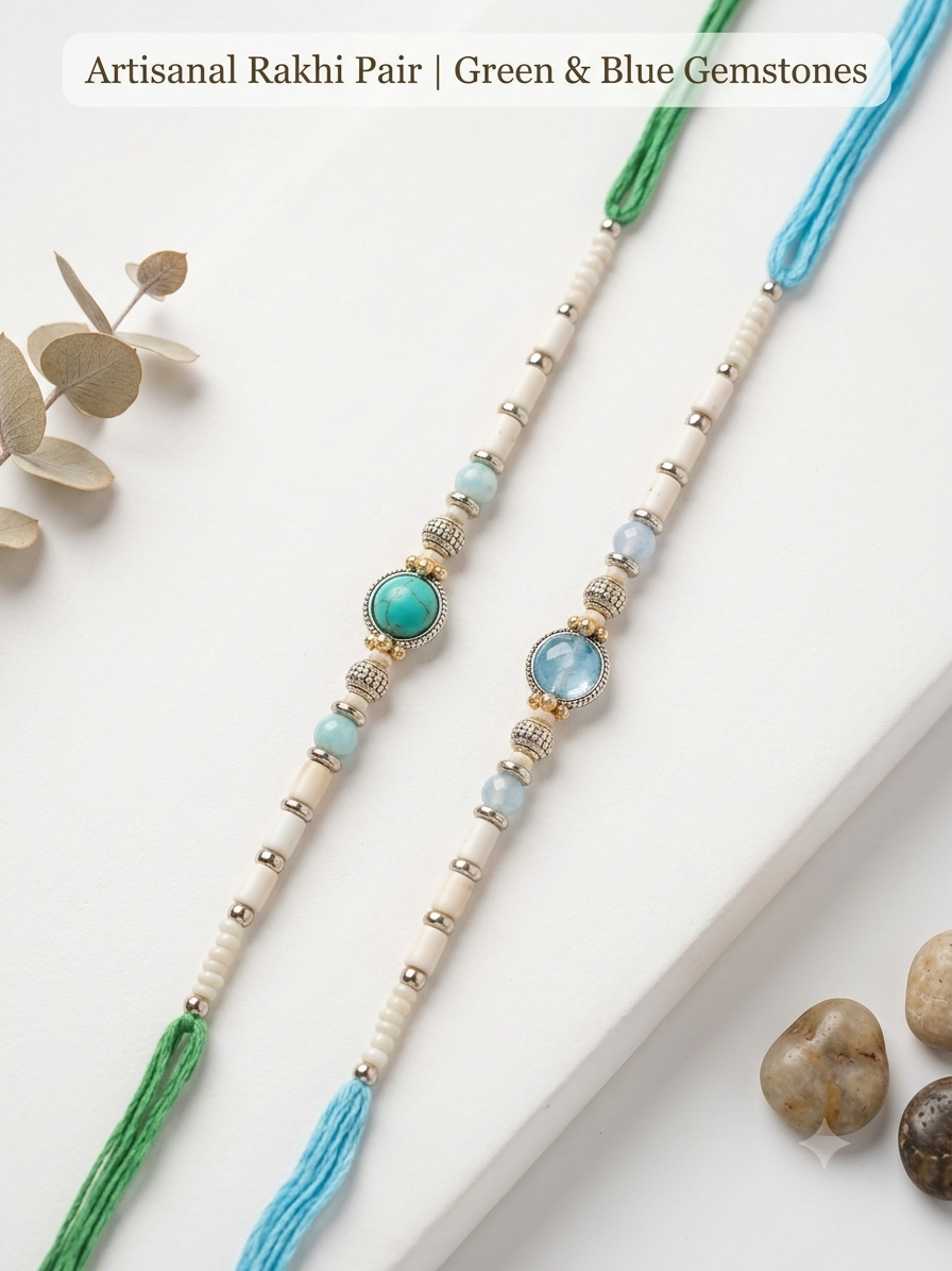 Set of 2 Handmade Thread Rakhis for Brother | Artisanal Beaded Rakhi Pair with Green & Blue Gemstones