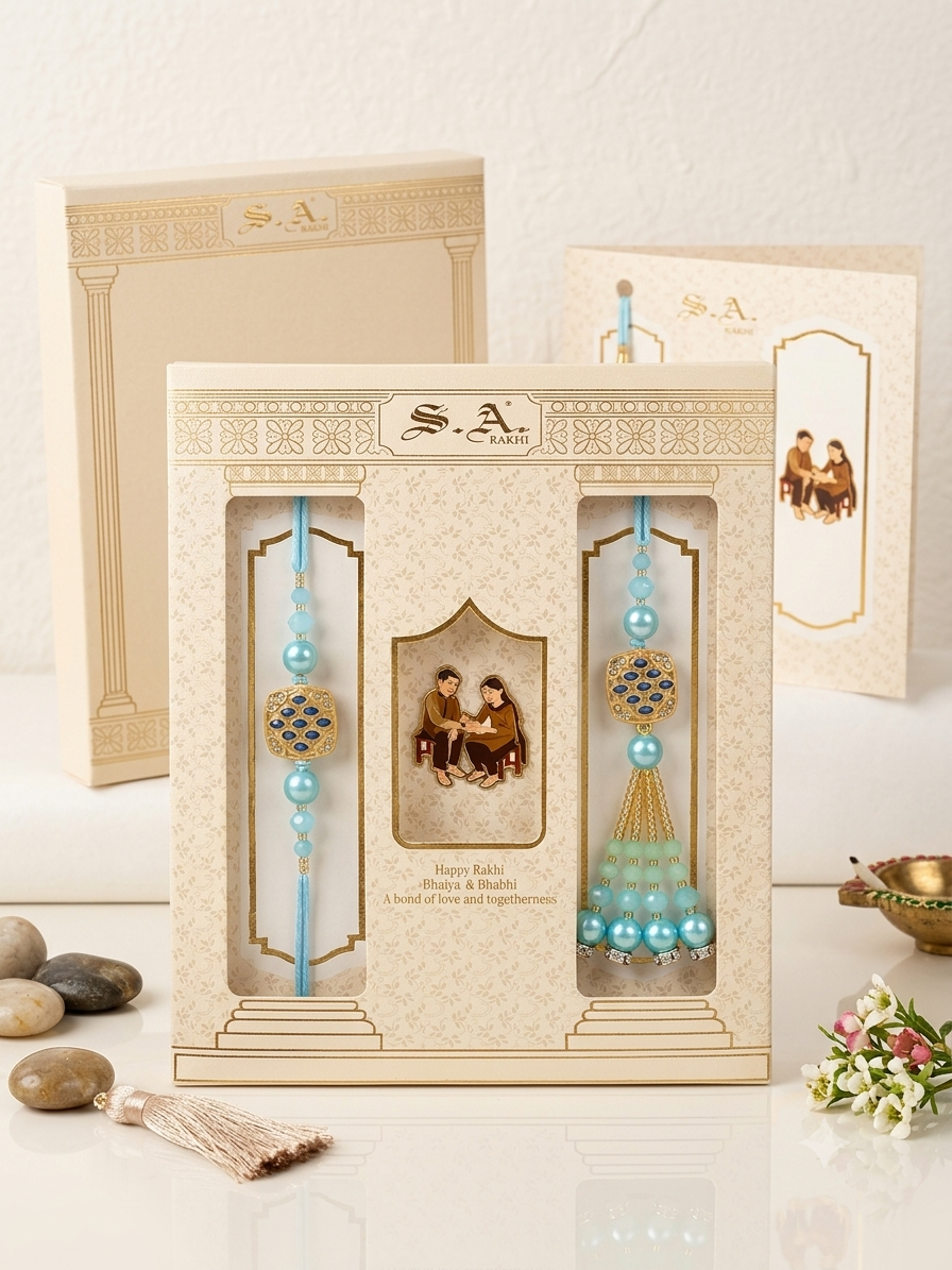 SA Rakhi Luxury Suhana Couple Combo – Traditional Bhaiya Bhabhi Rakhi Set for Rakshabandhan