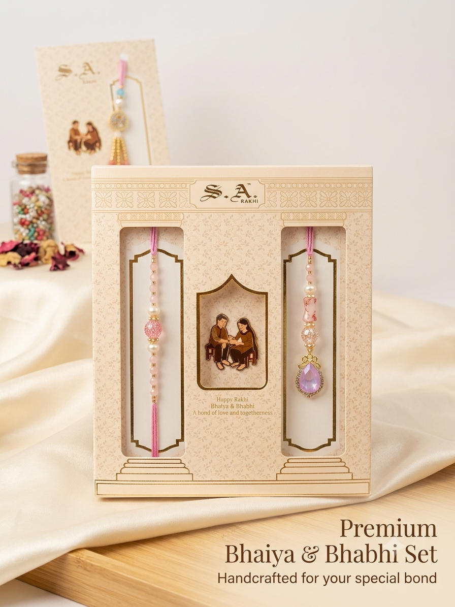 SA Rakhi Luxury Suhana Couple Combo – Traditional Bhaiya Bhabhi Rakhi Set for Rakshabandhan