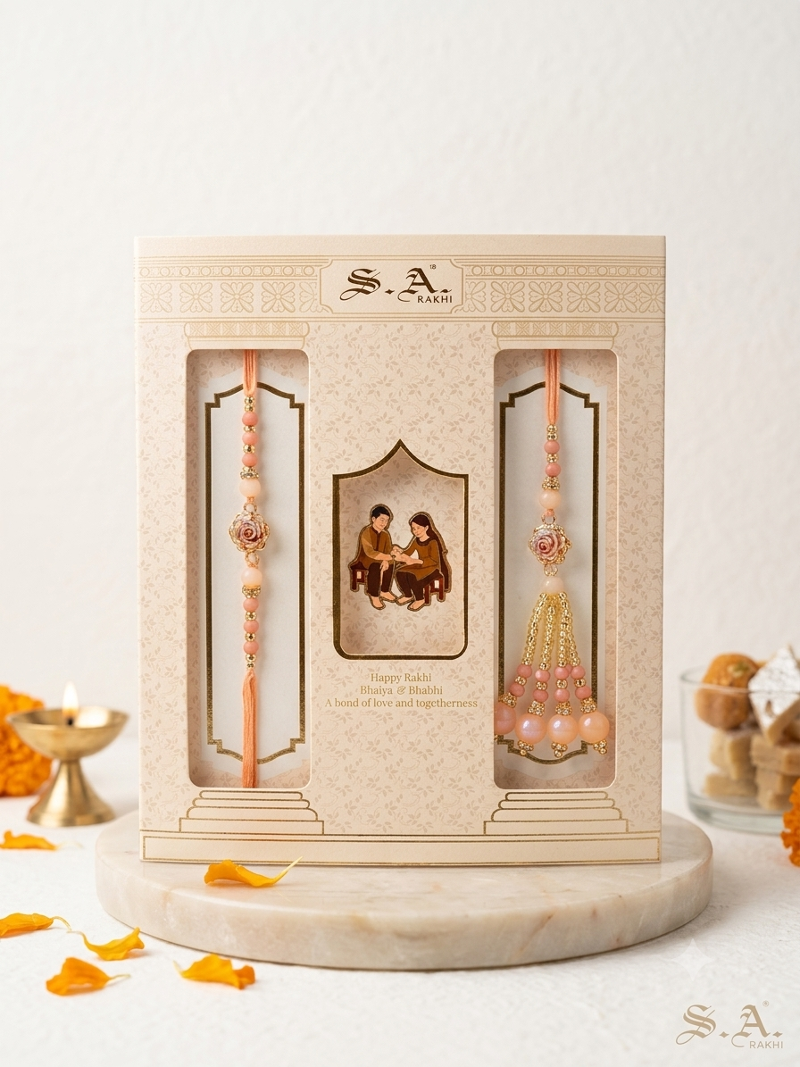 SA Rakhi Luxury Suhana Couple Combo – Traditional Bhaiya Bhabhi Rakhi Set for Rakshabandhan