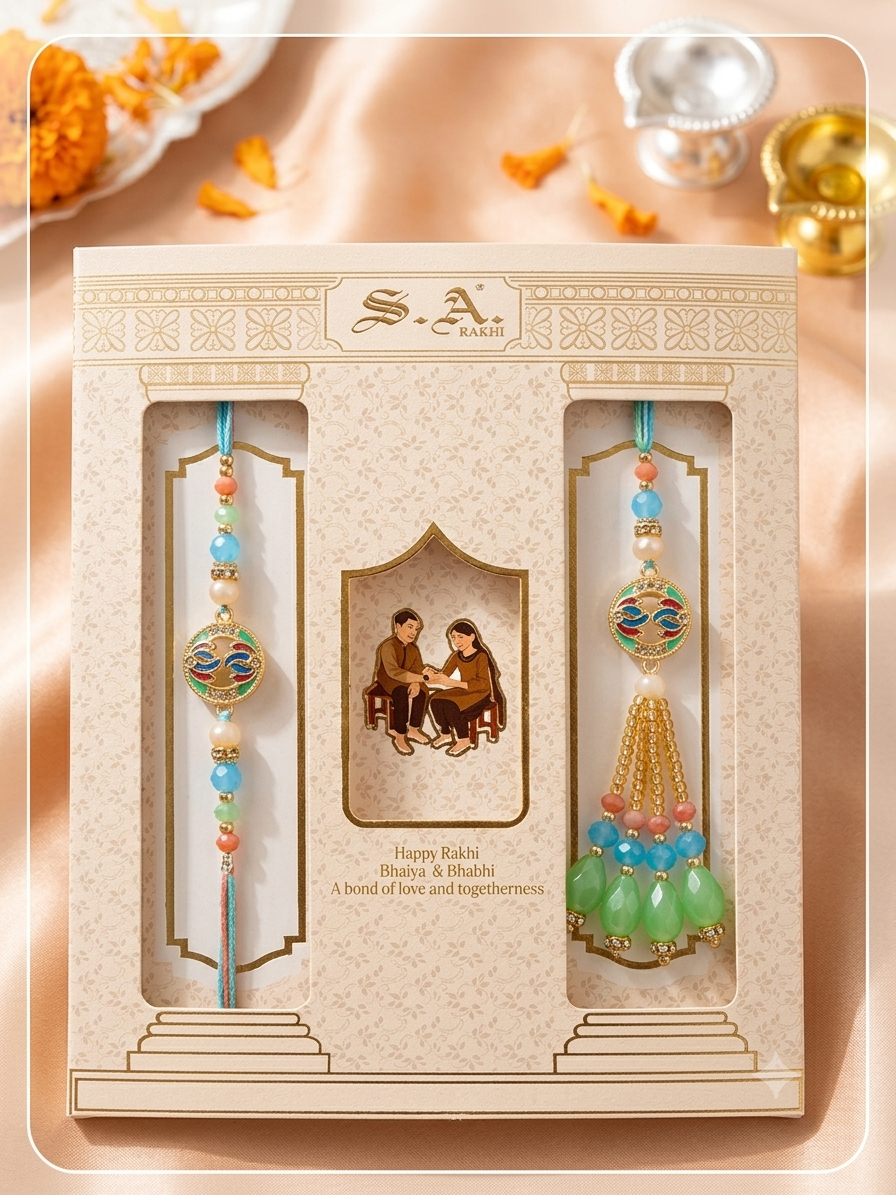 SA Rakhi Luxury Suhana Couple Combo – Traditional Bhaiya Bhabhi Rakhi Set for Rakshabandhan