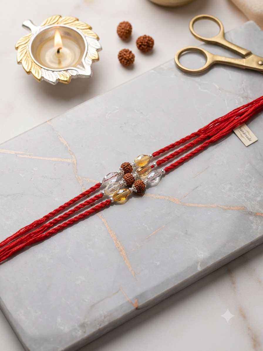 Set of 3 Premium Rudraksha Rakhi with Crystal Glass Beads | Handcrafted Sacred Thread Set for Brother
