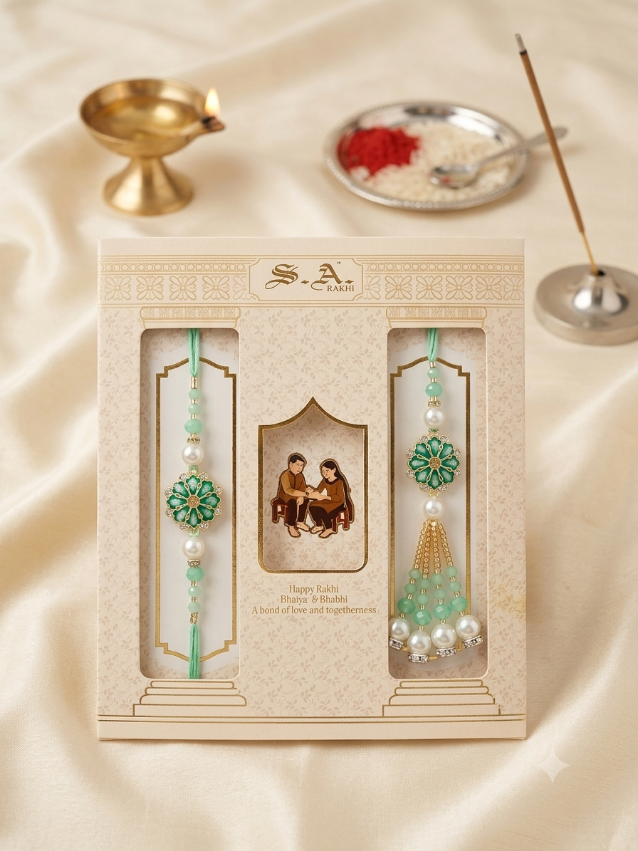 SA Rakhi Luxury Suhana Couple Combo – Traditional Bhaiya Bhabhi Rakhi Set for Rakshabandhan