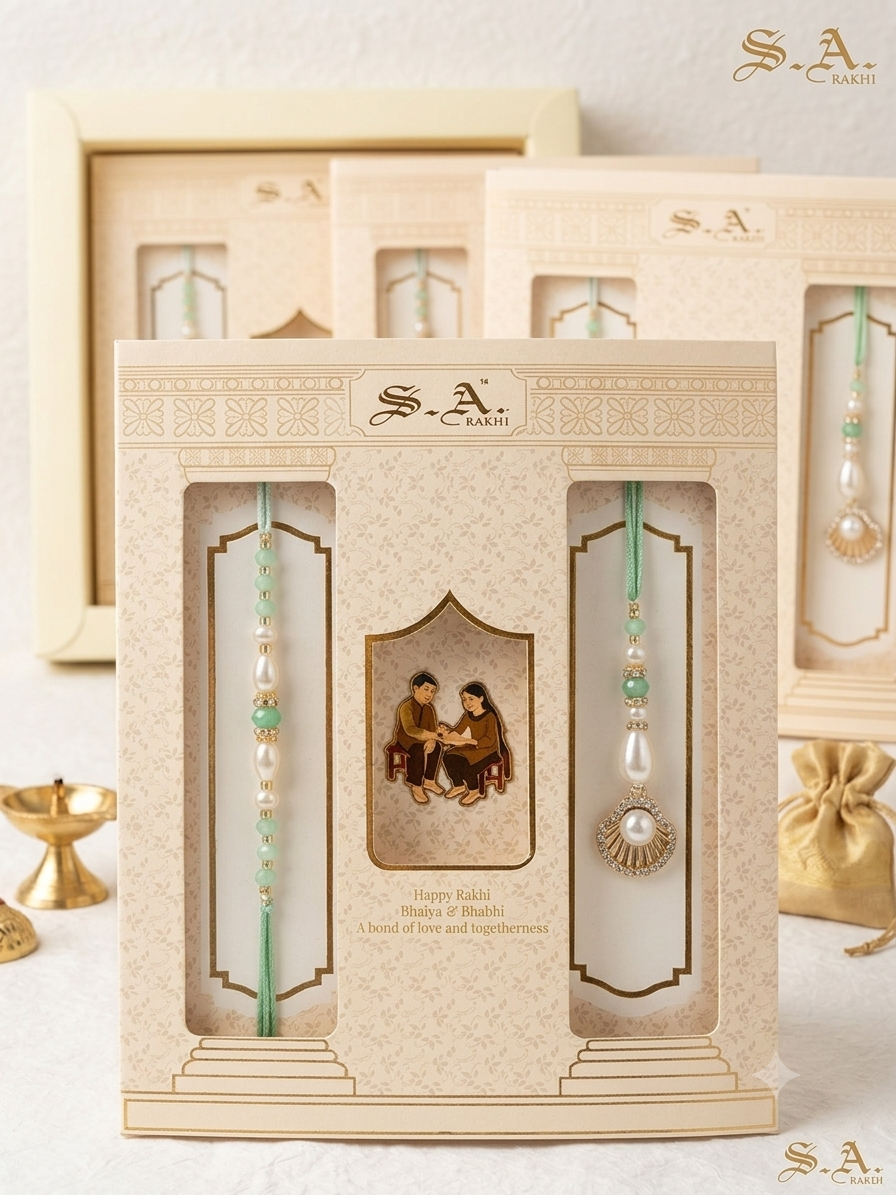 SA Rakhi Luxury Suhana Couple Combo – Traditional Bhaiya Bhabhi Rakhi Set for Rakshabandhan