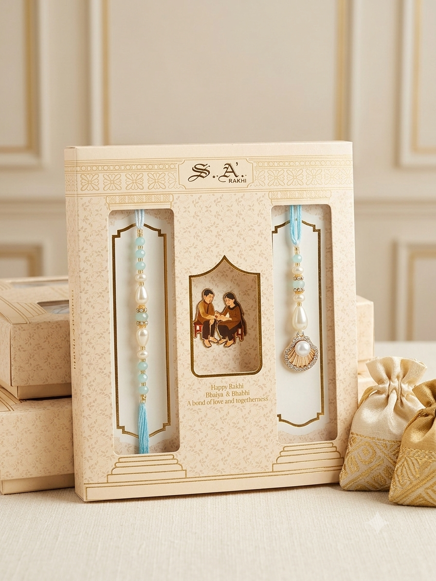 SA Rakhi Luxury Suhana Couple Combo – Traditional Bhaiya Bhabhi Rakhi Set for Rakshabandhan