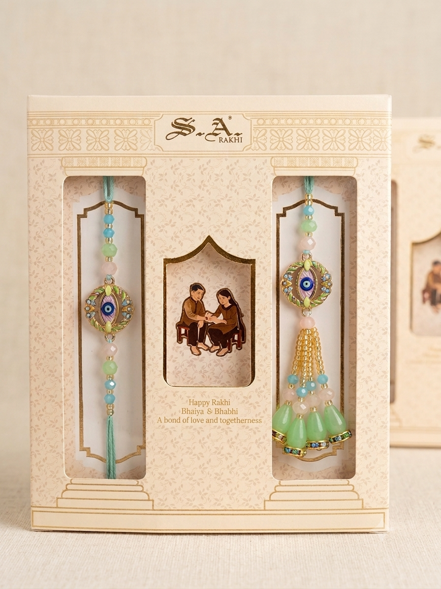 SA Rakhi Luxury Suhana Couple Combo – Traditional Bhaiya Bhabhi Rakhi Set for Rakshabandhan
