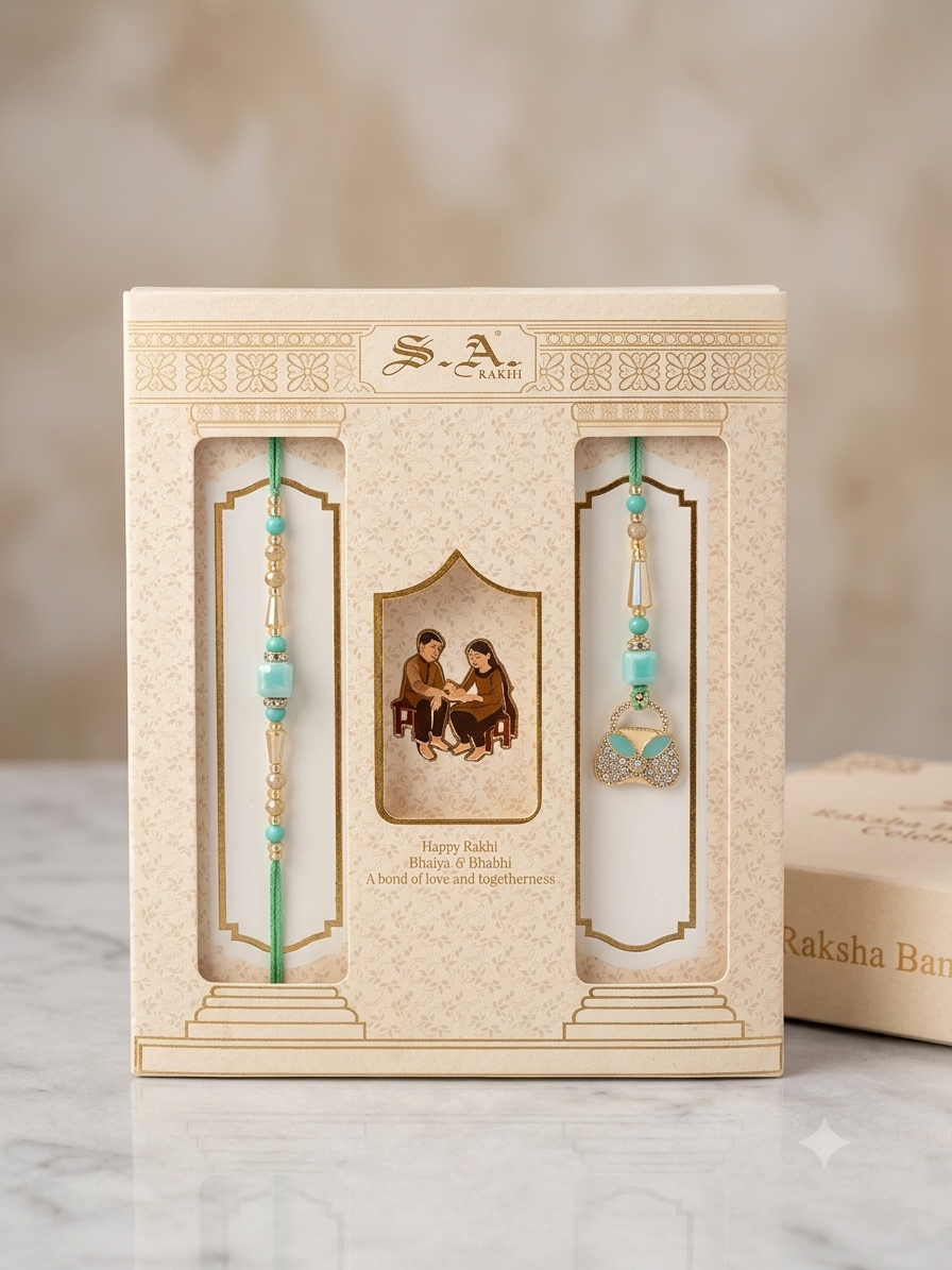 SA Rakhi Luxury Suhana Couple Combo – Traditional Bhaiya Bhabhi Rakhi Set for Rakshabandhan