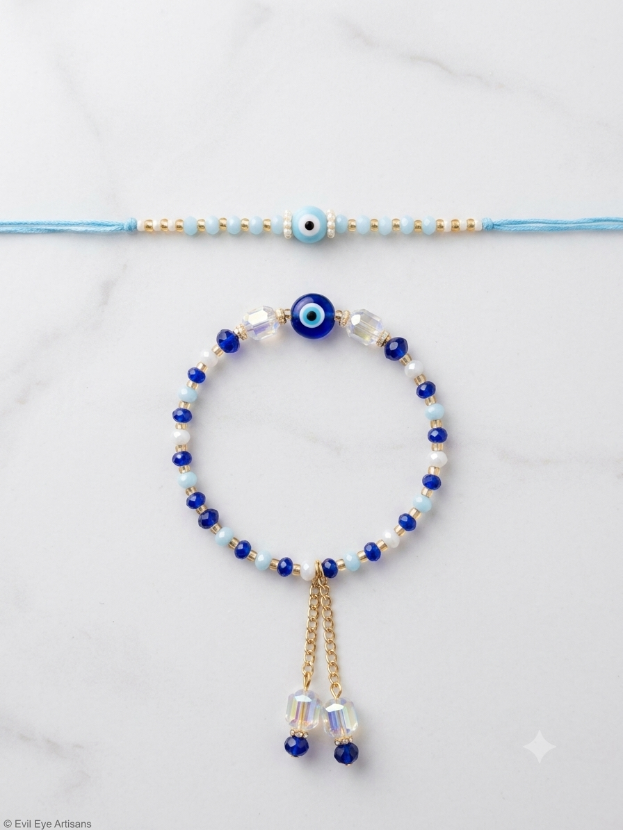 Handcrafted Evil Eye Charm Kada & Rakhi Set | Protective Festive Jewelry Gift for Brother