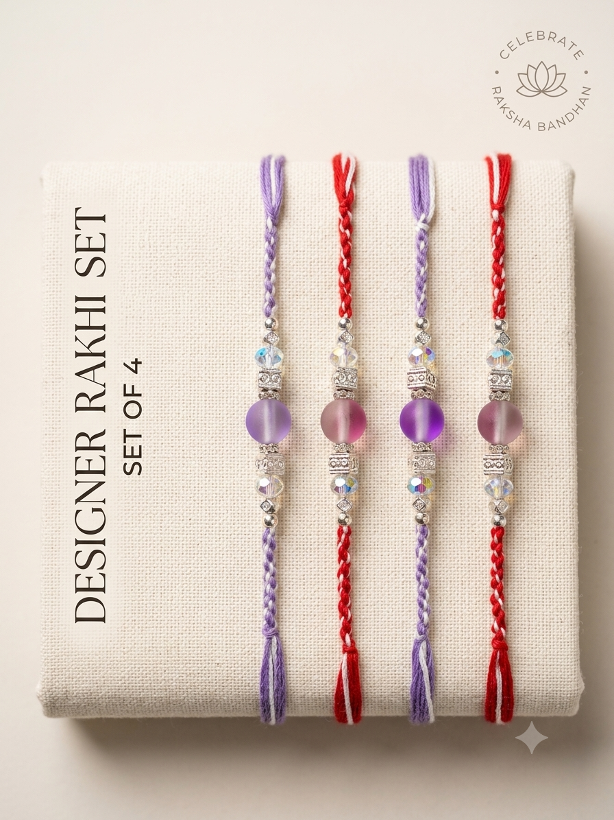 Set of 4 Premium Original Bead Rakhi for Brother – Royal Purple & Crimson Red Designer Threads