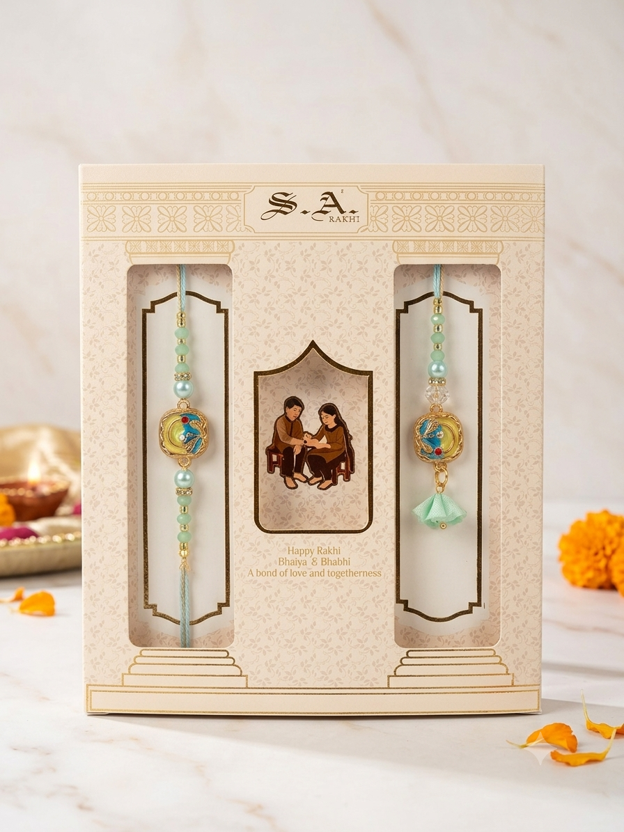SA Rakhi Luxury Suhana Couple Combo – Traditional Bhaiya Bhabhi Rakhi Set for Rakshabandhan