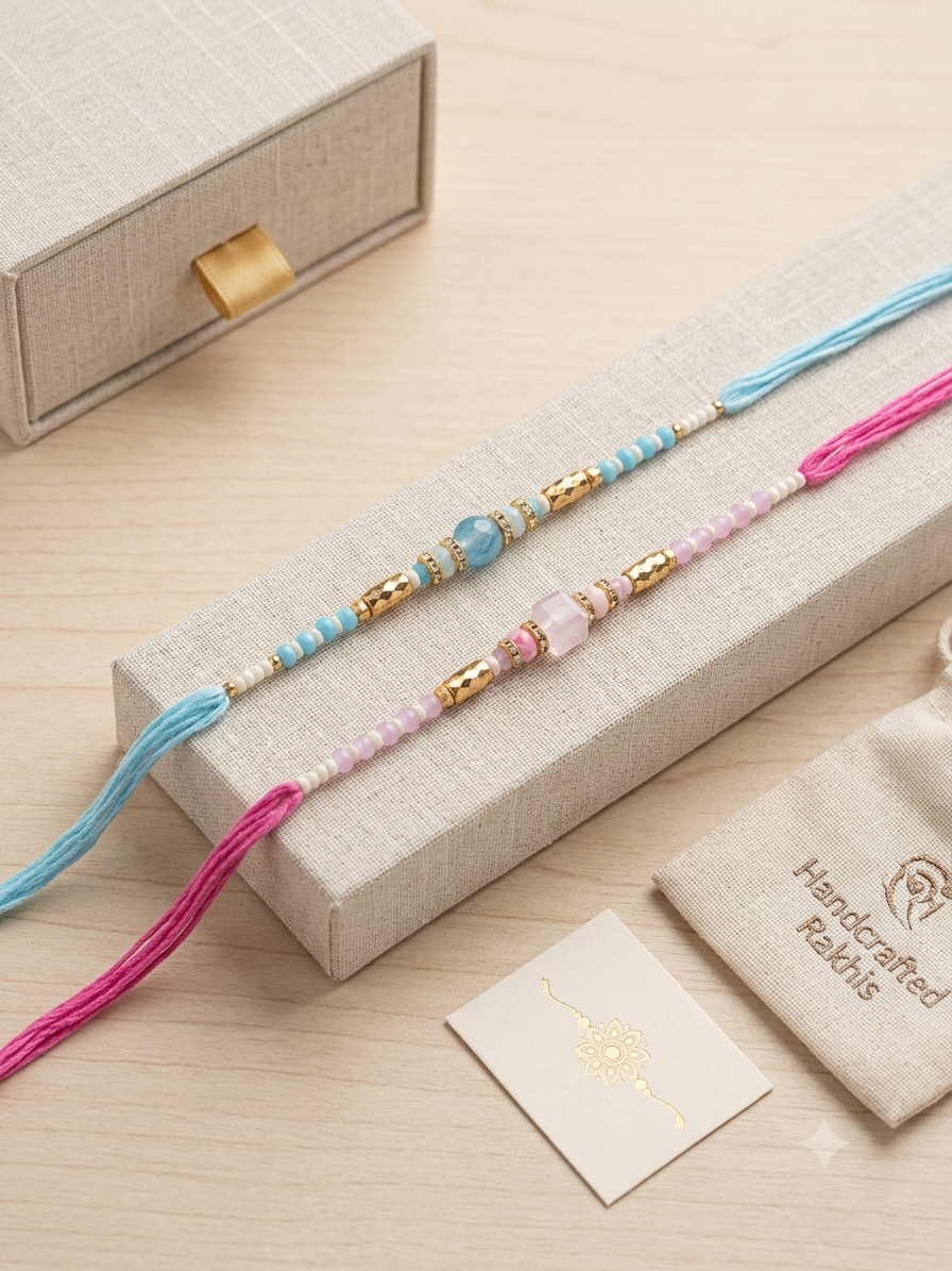 Set of 2 Premium Jewelry-Based Thread Rakhi (Pink & Blue)