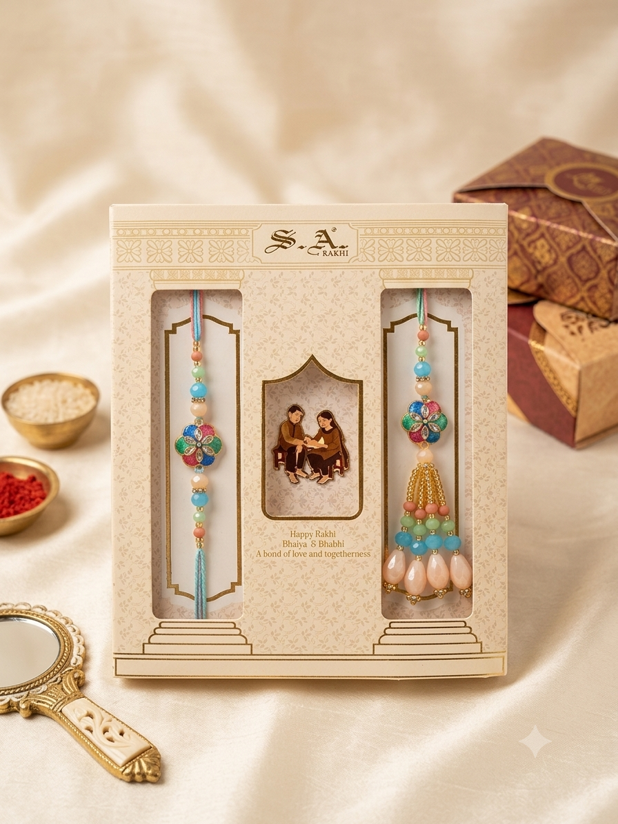 SA Rakhi Luxury Suhana Couple Combo – Traditional Bhaiya Bhabhi Rakhi Set for Rakshabandhan