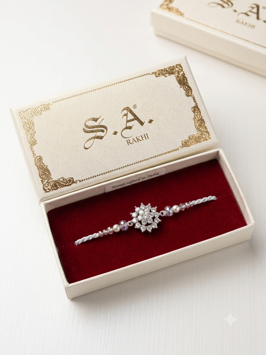 Royal Rhodium Polish Handcrafted Designer Rakhi for Brother | Anti-Tarnish Platinum Finish Luxury Bracelet Rakhi⁠