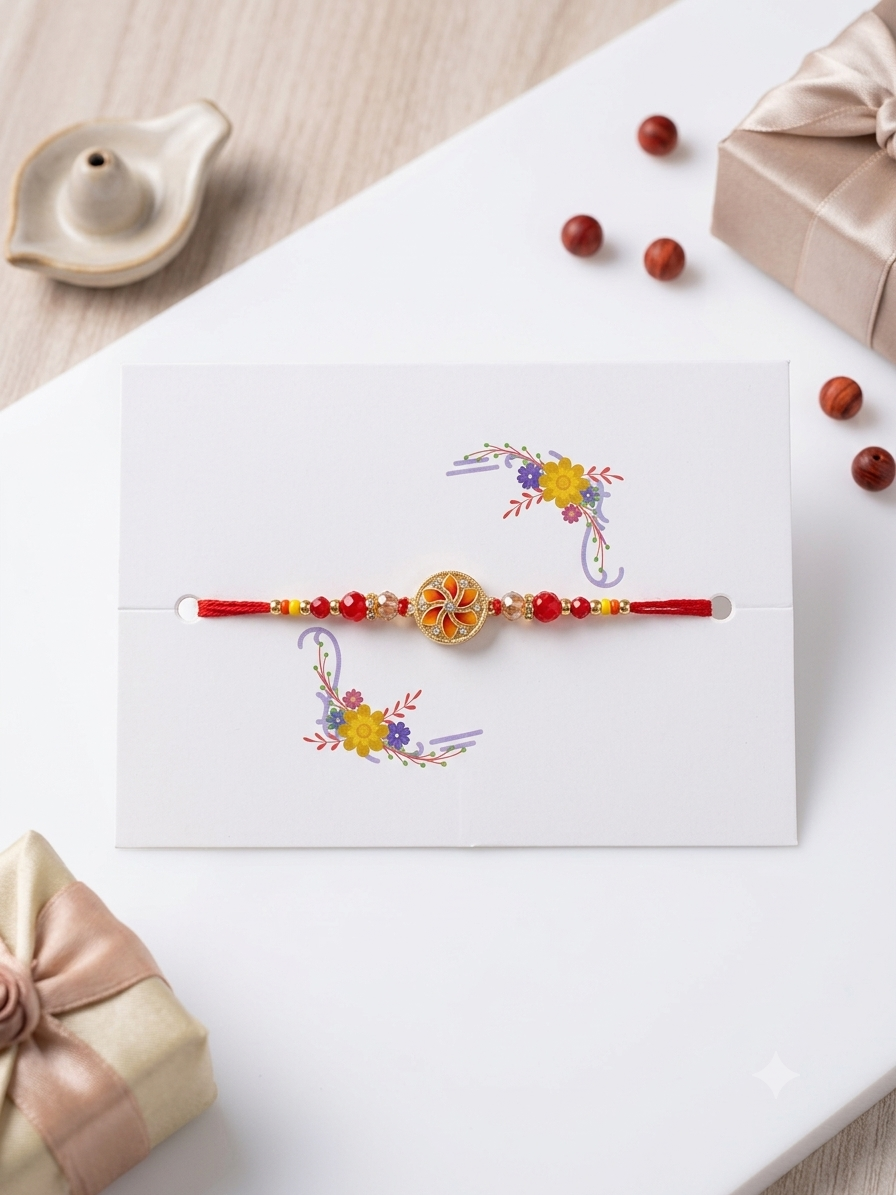 Designer Flower Rakhi with Red Dhaga | Traditional Raksha Bandhan Rakhi for Brother