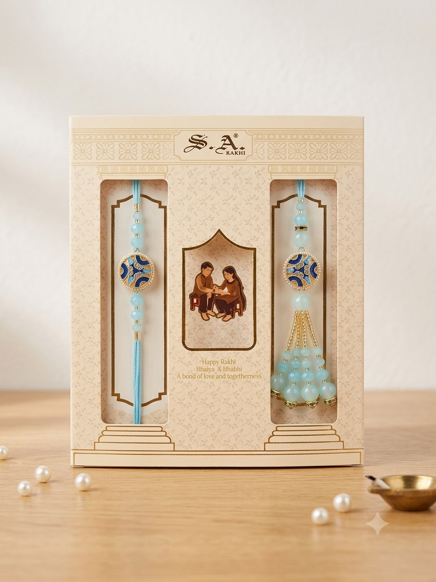 SA Rakhi Luxury Suhana Couple Combo – Traditional Bhaiya Bhabhi Rakhi Set for Rakshabandhan