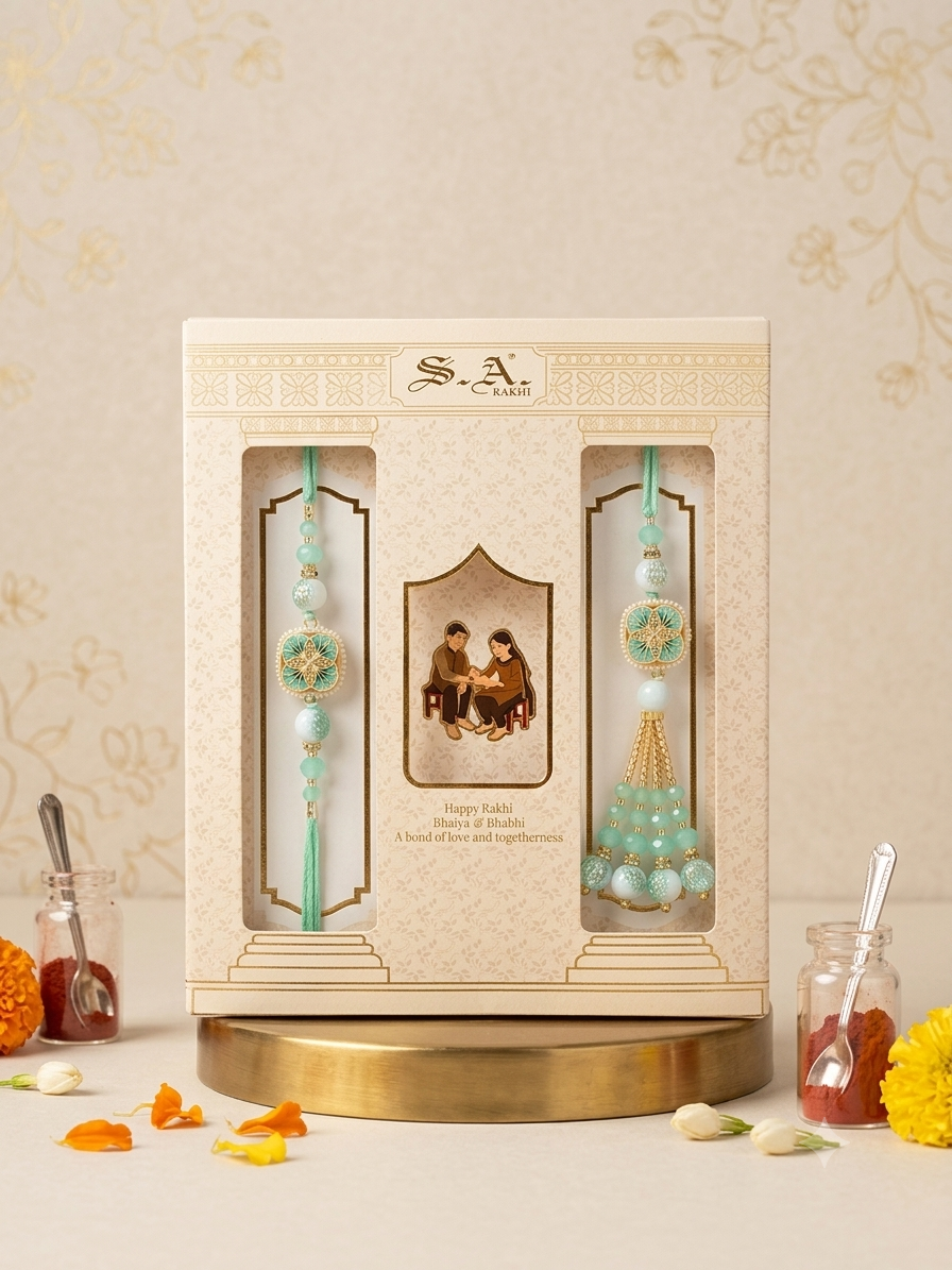 SA Rakhi Luxury Suhana Couple Combo – Traditional Bhaiya Bhabhi Rakhi Set for Rakshabandhan