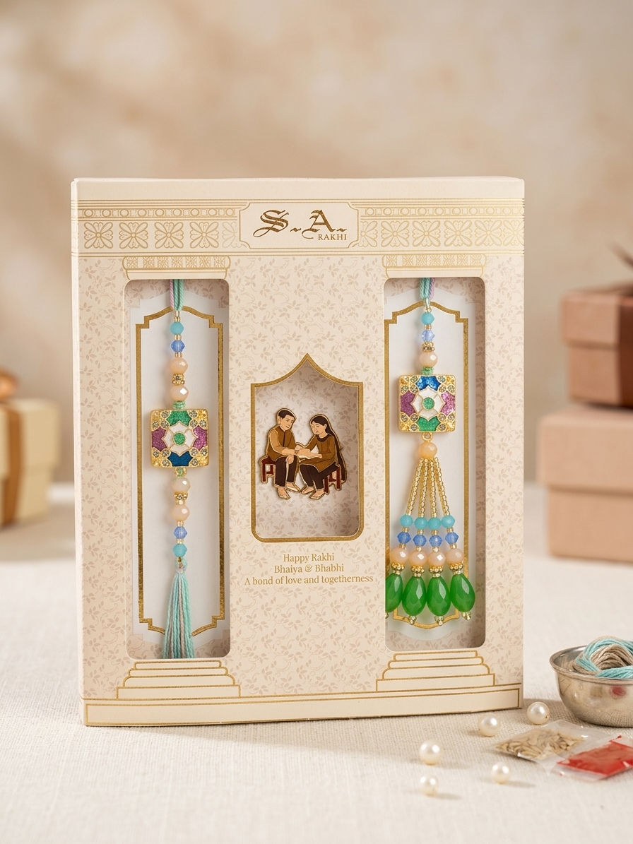 SA Rakhi Luxury Suhana Couple Combo – Traditional Bhaiya Bhabhi Rakhi Set for Rakshabandhan