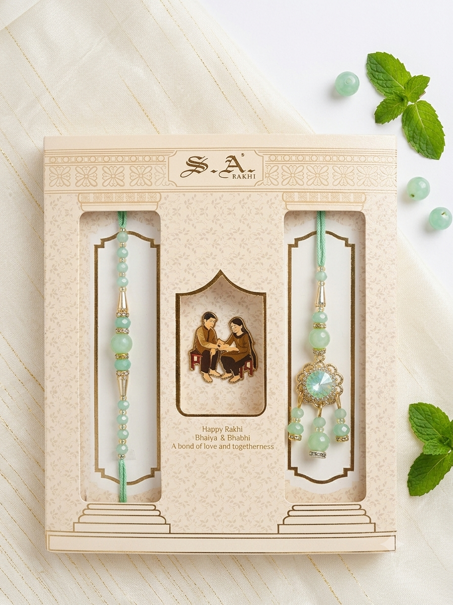 SA Rakhi Luxury Suhana Couple Combo – Traditional Bhaiya Bhabhi Rakhi Set for Rakshabandhan