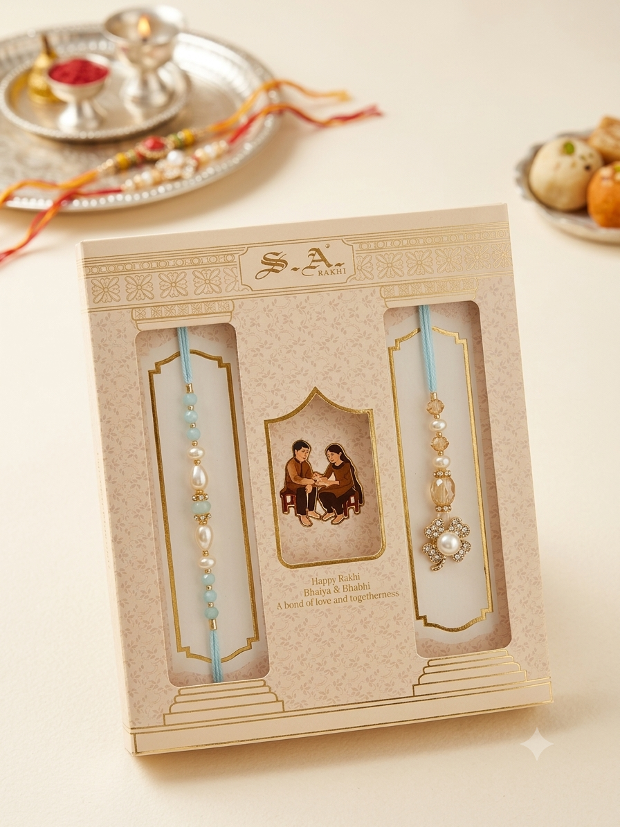 SA Rakhi Luxury Suhana Couple Combo – Traditional Bhaiya Bhabhi Rakhi Set for Rakshabandhan