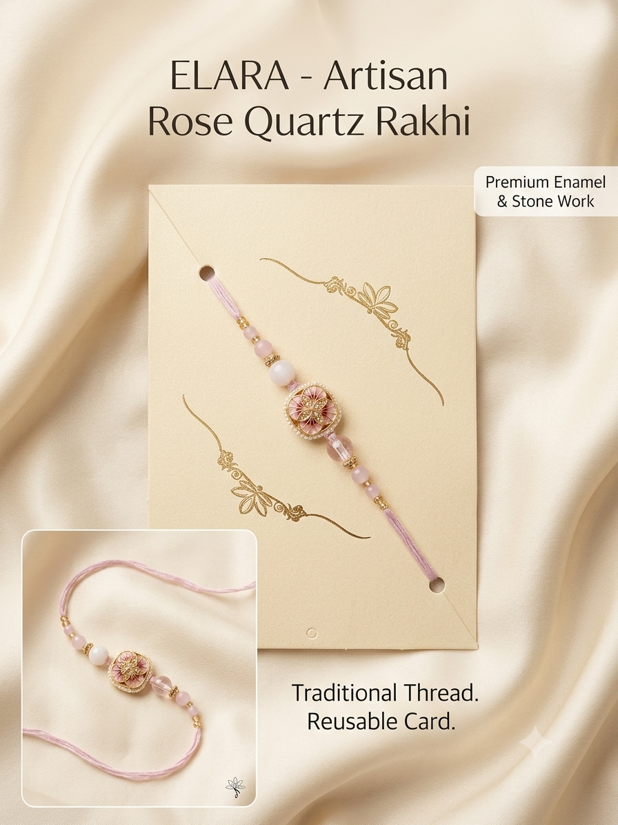 Handcrafted Rose Quartz & Enamel Flower Rakhi for Brother with Premium Presentation Card