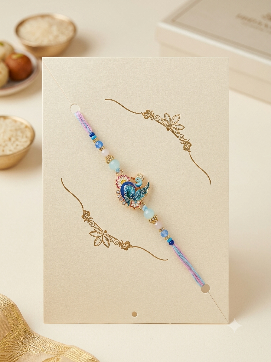 Premium Peacock Meenakari Rakhi – Traditional Blue Bead Floral Thread Rakhi for Bhaiya