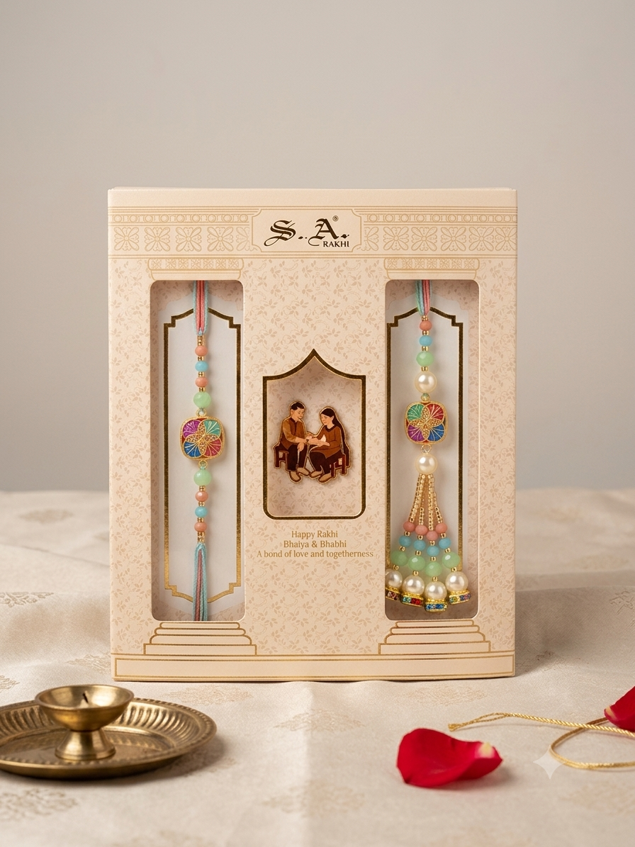 SA Rakhi Luxury Suhana Couple Combo – Traditional Bhaiya Bhabhi Rakhi Set for Rakshabandhan