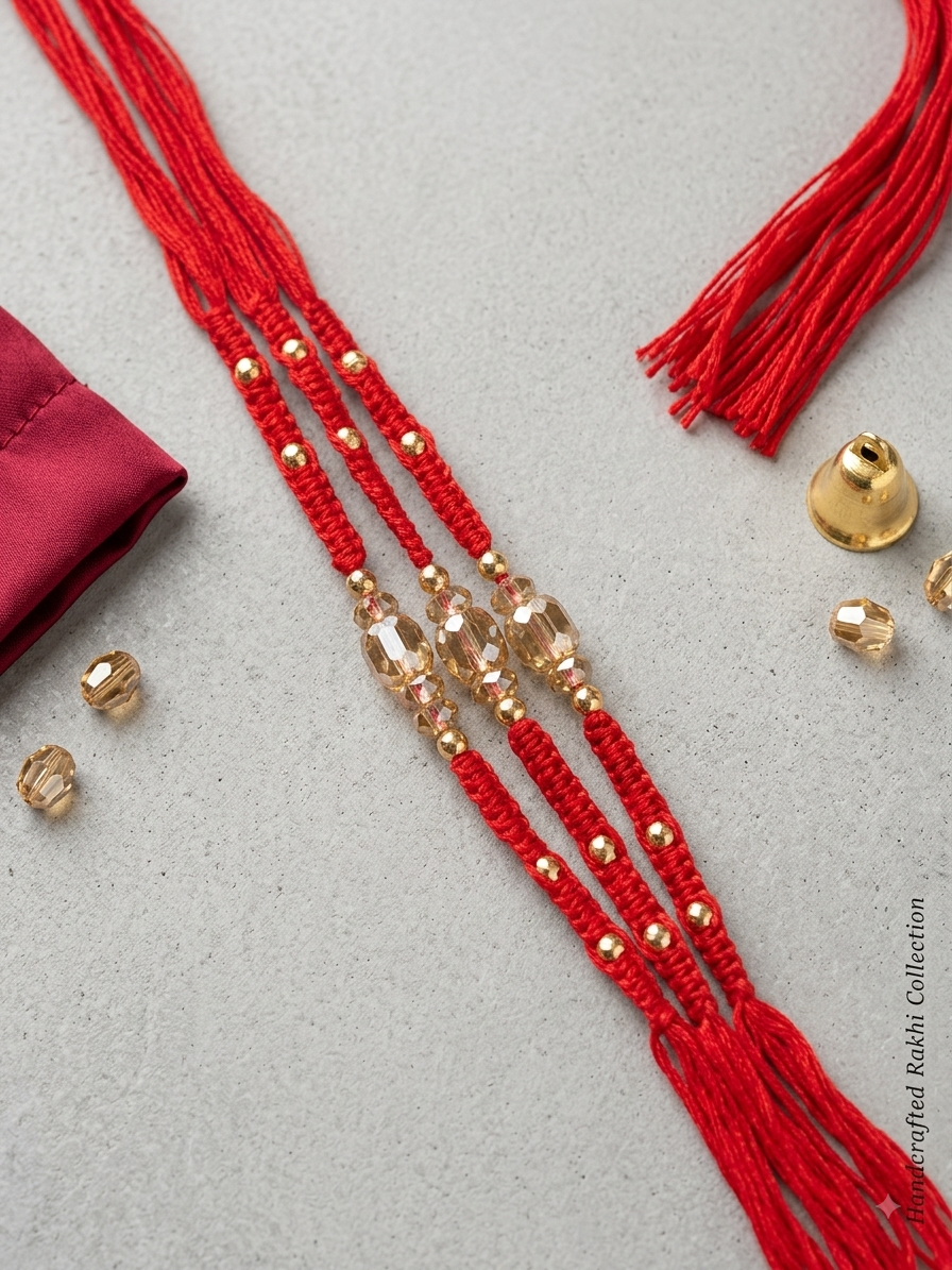 Premium Set of 3 Rose Gold Polished Beaded Rakhis with Red Sacred Thread for Bhaiya / Brother