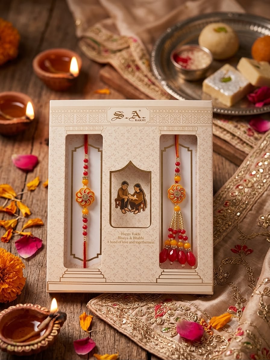 SA Rakhi Luxury Suhana Couple Combo – Traditional Bhaiya Bhabhi Rakhi Set for Rakshabandhan