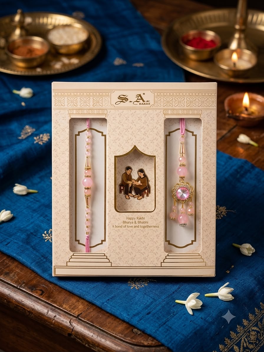 SA Rakhi Luxury Suhana Couple Combo – Traditional Bhaiya Bhabhi Rakhi Set for Rakshabandhan