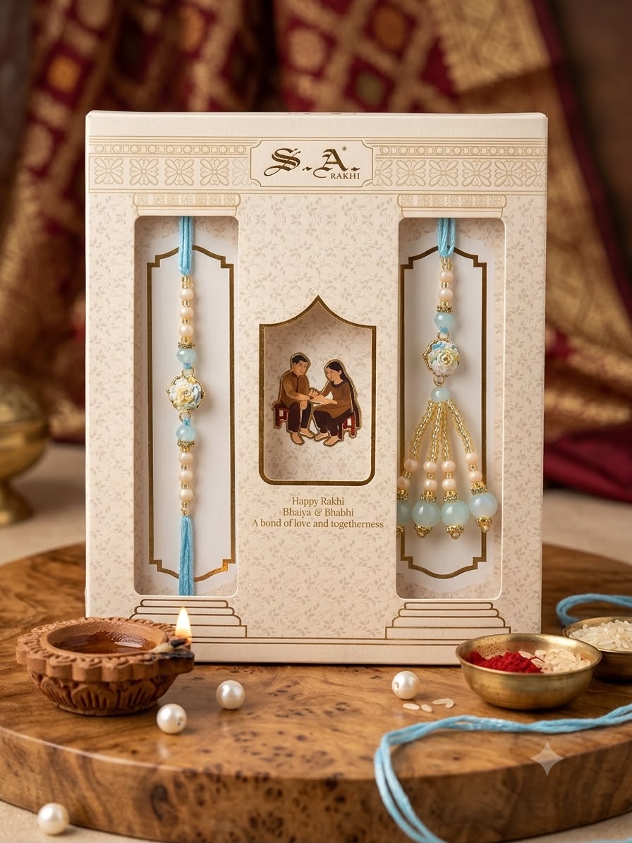 SA Rakhi Luxury Suhana Couple Combo – Traditional Bhaiya Bhabhi Rakhi Set for Rakshabandhan