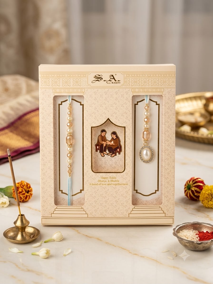 SA Rakhi Luxury Suhana Couple Combo – Traditional Bhaiya Bhabhi Rakhi Set for Rakshabandhan
