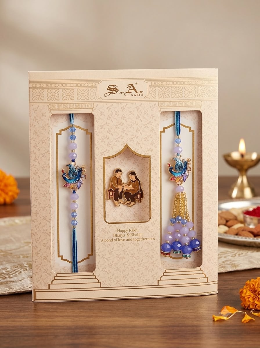 SA Rakhi Luxury Suhana Couple Combo – Traditional Bhaiya Bhabhi Rakhi Set for Rakshabandhan