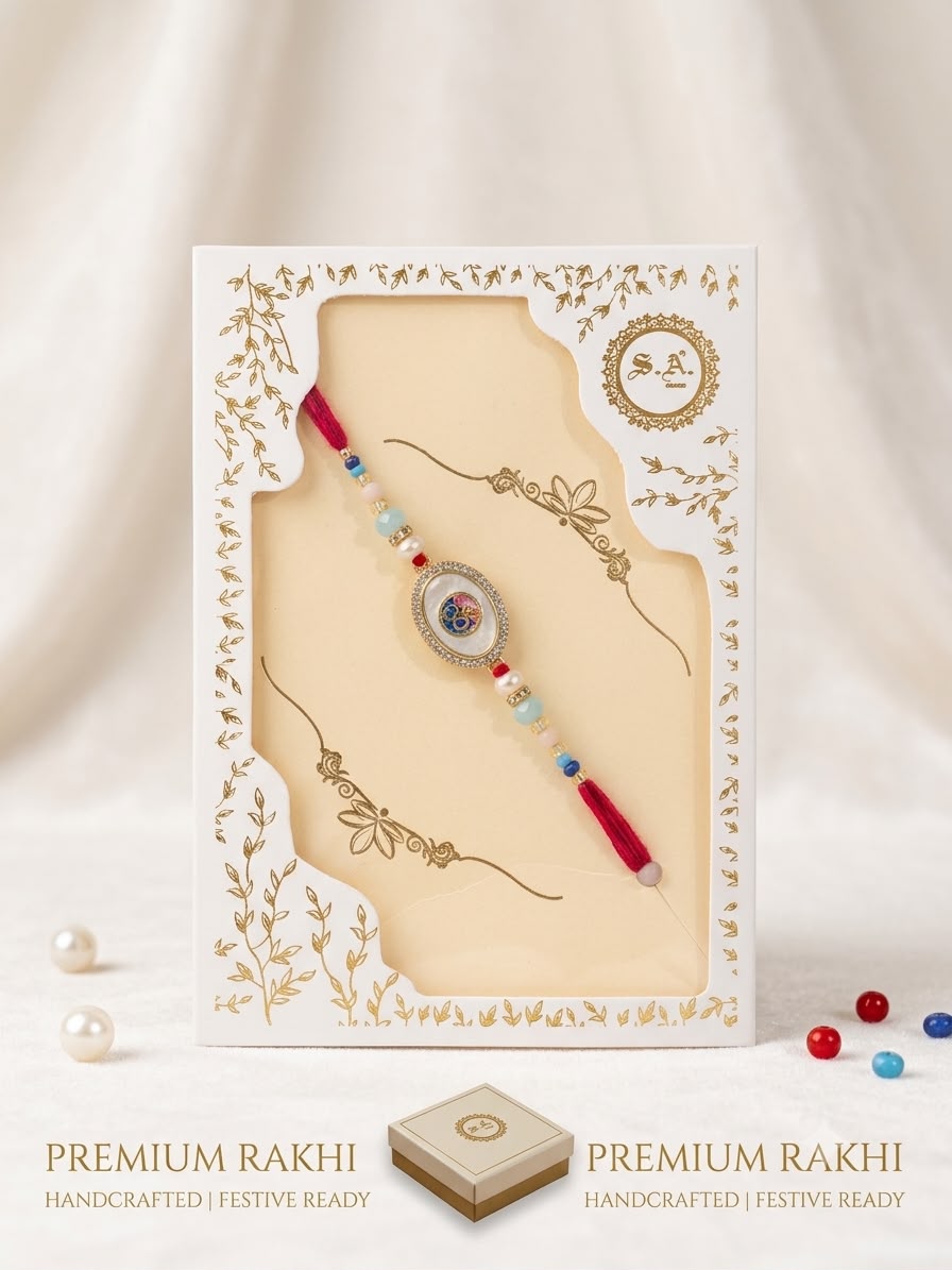 SA Rakhi Premium Handcrafted Mother of Pearl Designer Rakhi with Greeting Card for Brother